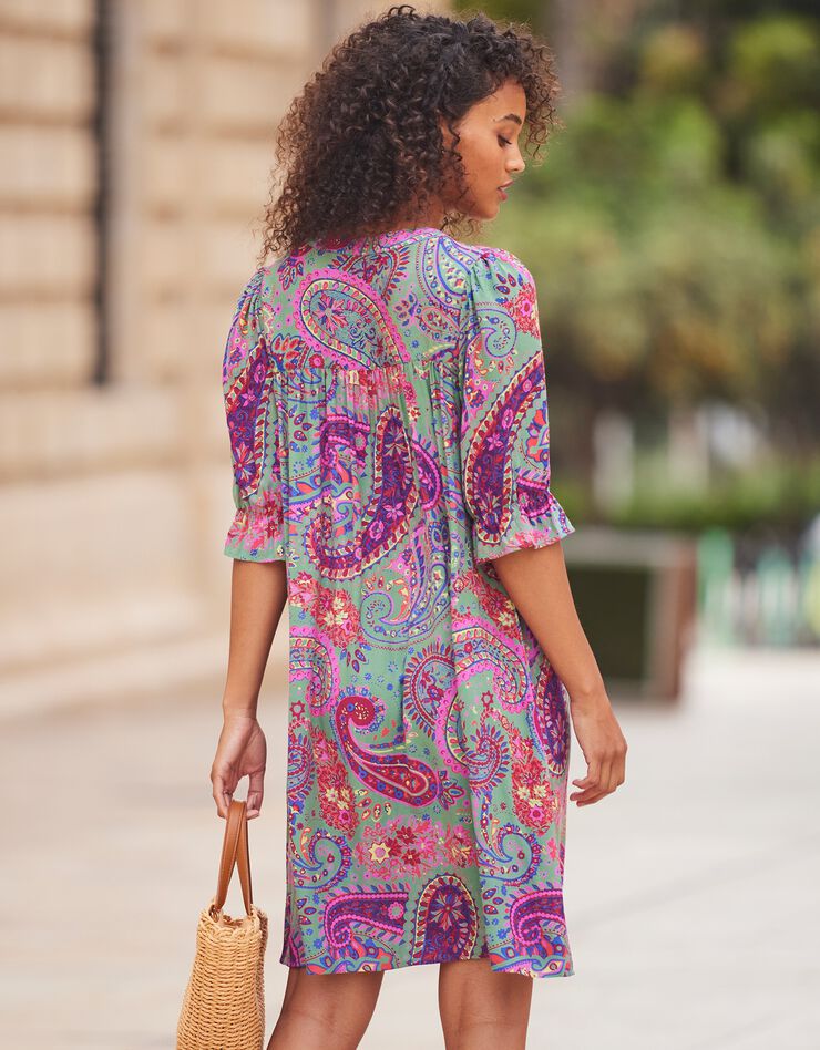 Robe boutonnée imprimée manches coude (vert)