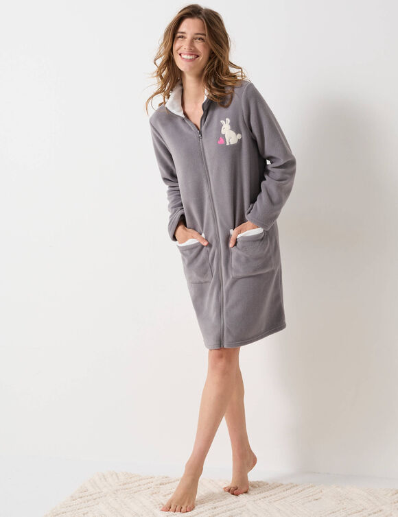 Robe de chambre zippée mi-longue en polaire, brodée "lapin" (gris / écru)
