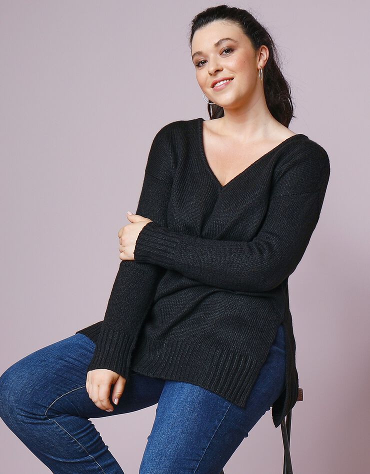 Pull tunique col V toucher mohair (noir) Pull tunique col V toucher mohair (noir)