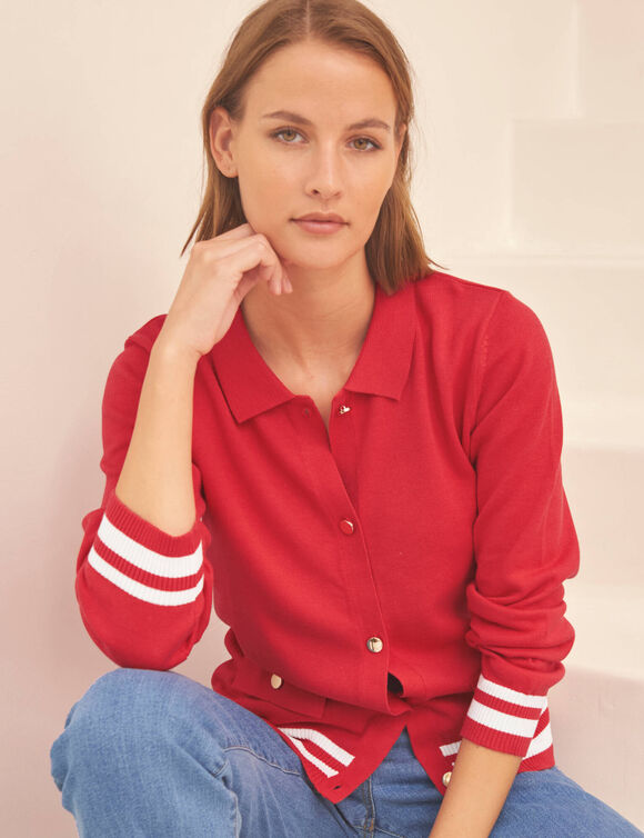 Gilet col polo, coton m&eacute;lang&eacute; (rouge / blanc)