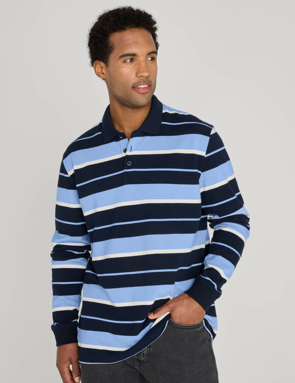 Polo ray&eacute;e maille piqu&eacute;e manches longues  (marine / ciel)