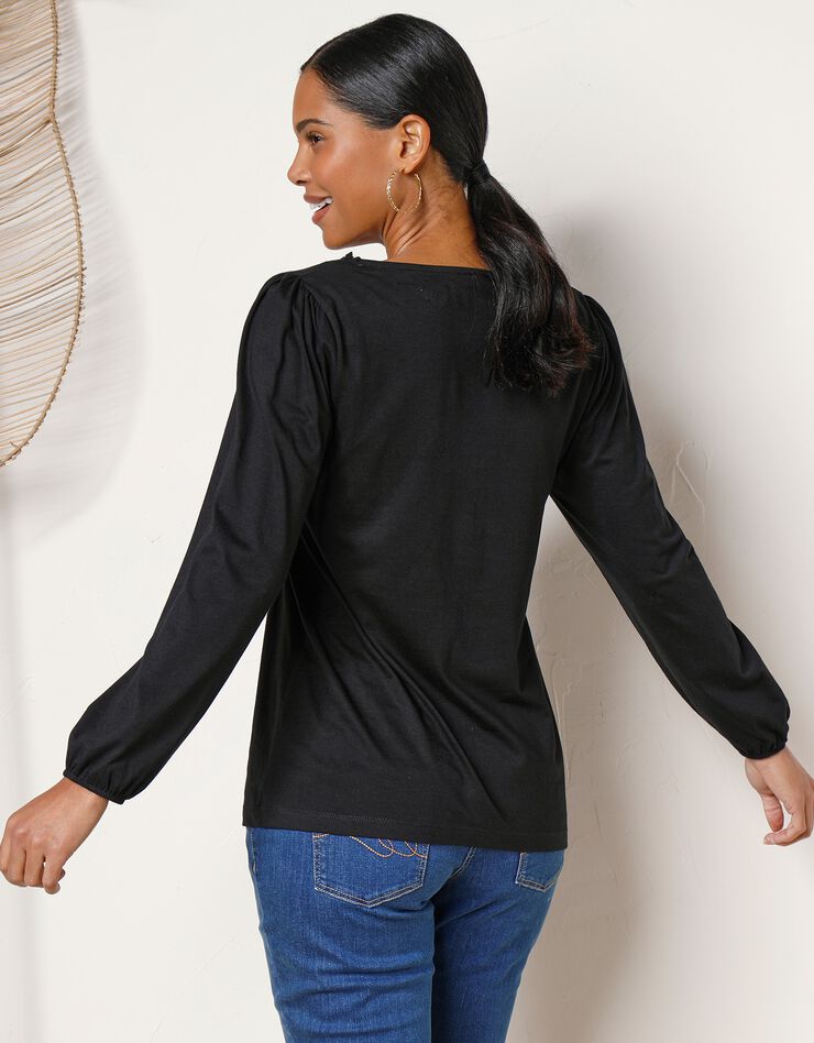 Tee-shirt uni col V finition macramé, manches 3/4 (noir) Tee-shirt uni col V finition macramé, manches 3/4 (noir)