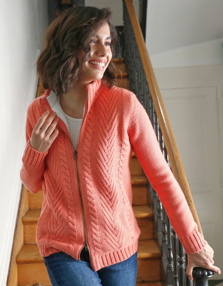 Gilet zippé torsadé doublé maille peluche (corail grisé) Gilet zippé torsadé doublé maille peluche (corail grisé)
