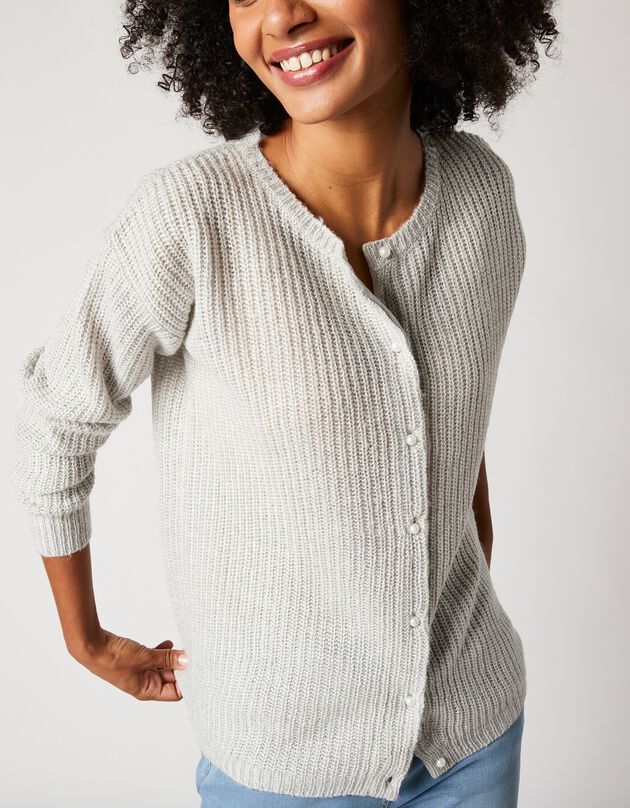Cardigan boutons façon perles, maille anglaise (gris chiné)