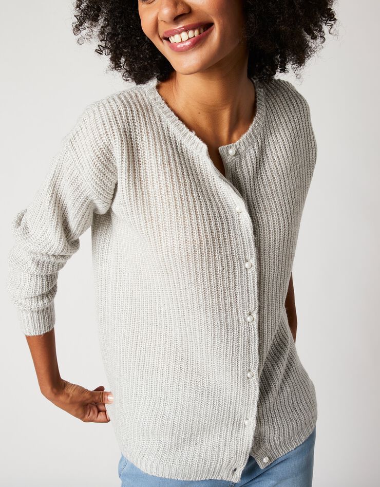 Cardigan boutons façon perles, maille anglaise (gris chiné)