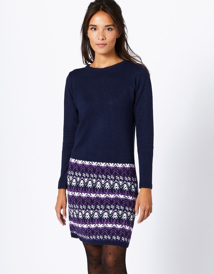 Robe pull unie base à motifs jacquard - manches longues (marine / violine) Robe pull unie base à motifs jacquard - manches longues (marine / violine)