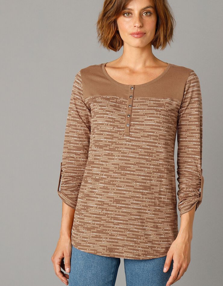 Tee-shirt col tunisien imprimé chiné (taupe clair chiné) Tee-shirt col tunisien imprimé chiné (taupe clair chiné)