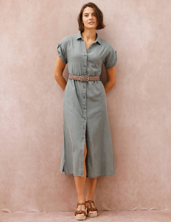 Robe-chemisier longue en jean, manches courtes (gris)