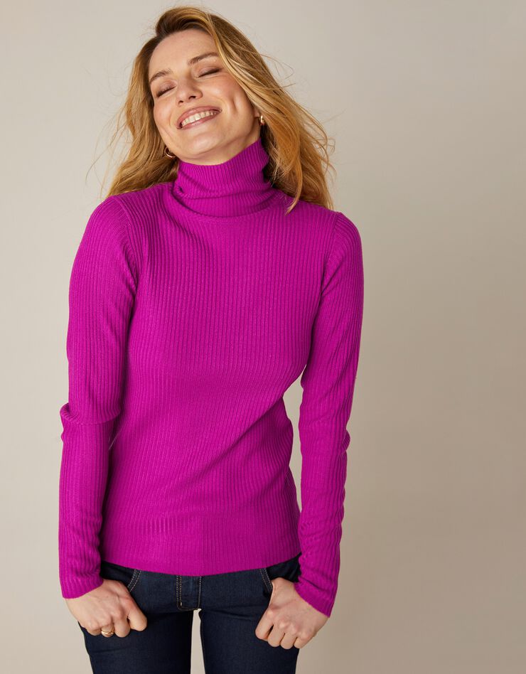 Pull col roulé uni maille côtelée (rose fuchsia) Pull col roulé uni maille côtelée (rose fuchsia)