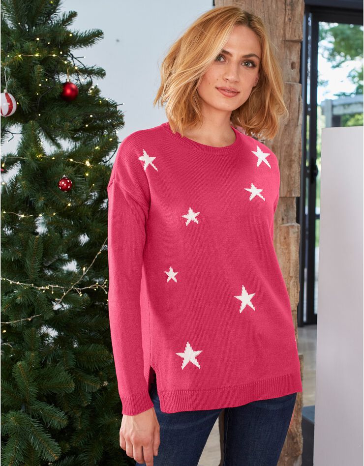 Pull jacquard étoiles maille toucher cachemire (framboise / écru) Pull jacquard étoiles maille toucher cachemire (framboise / écru)
