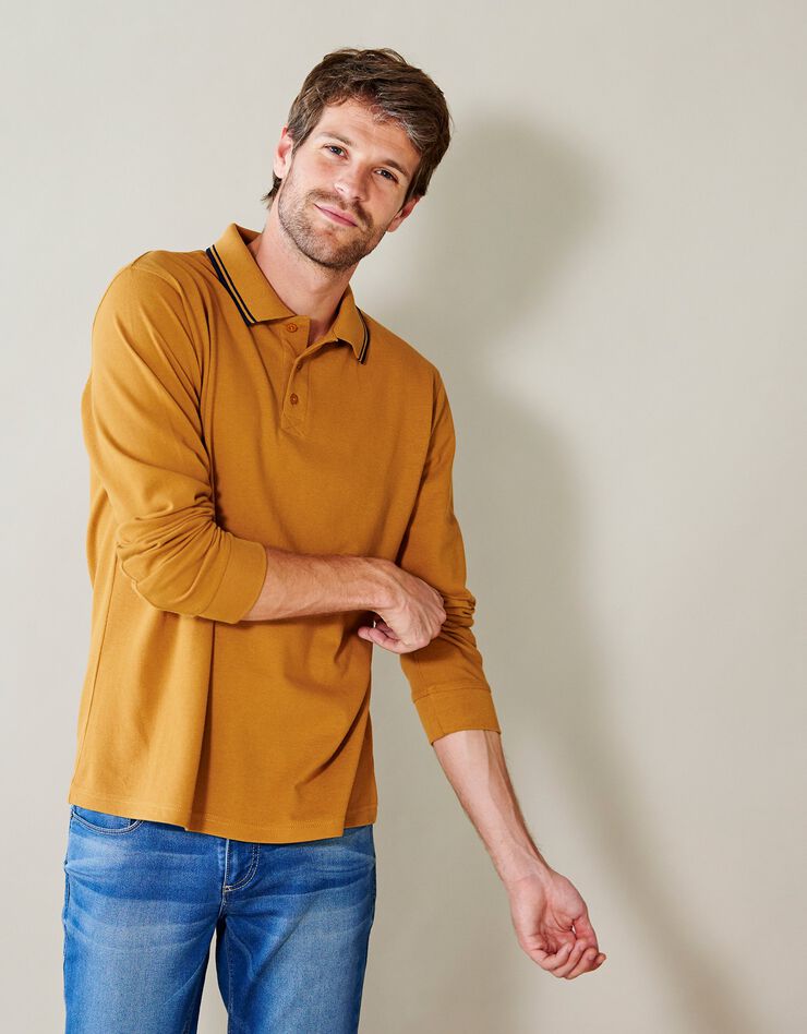 Polo uni maille piquée manches longues (miel)