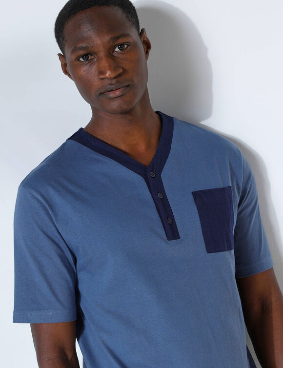 Liquette de pyjama col tunisien - jersey coton (bleu)