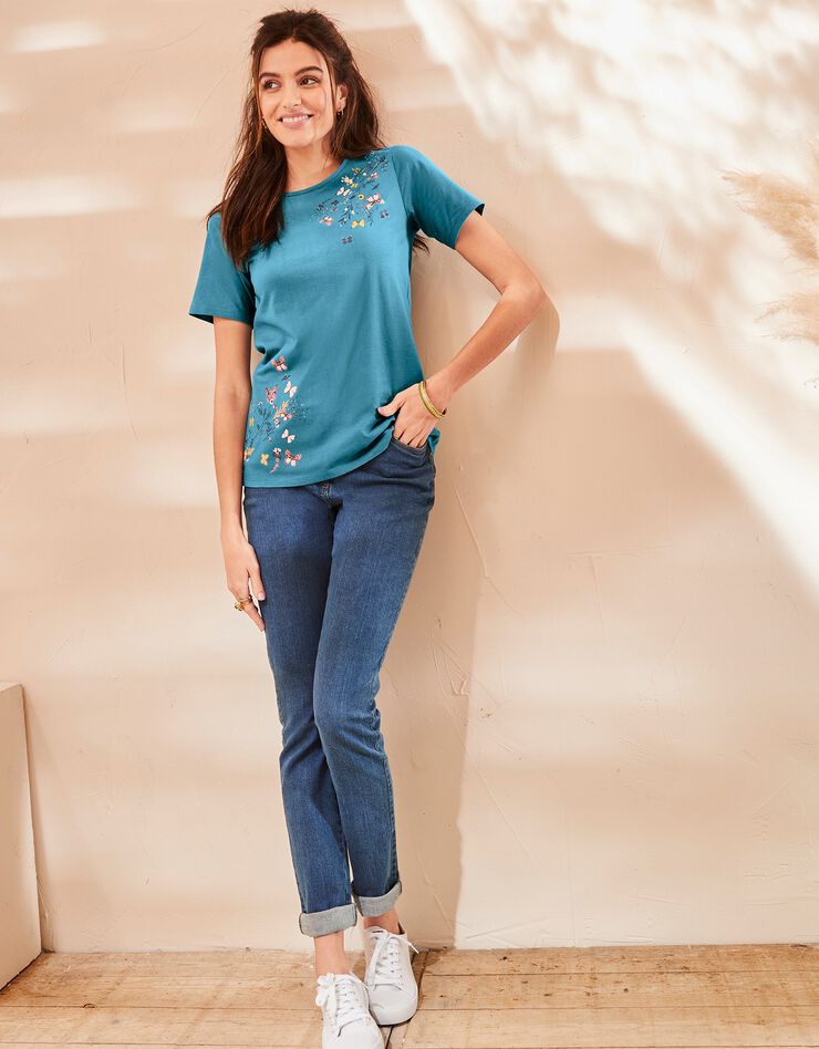 Tee-shirt manches courtes imprimé papillon (bleu grisé)