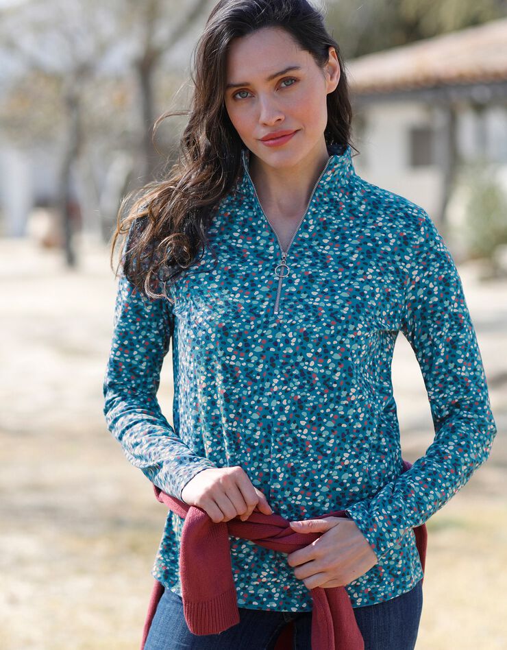 Tee-shirt col montant zippé imprimé (bleu canard) Tee-shirt col montant zippé imprimé (bleu canard)