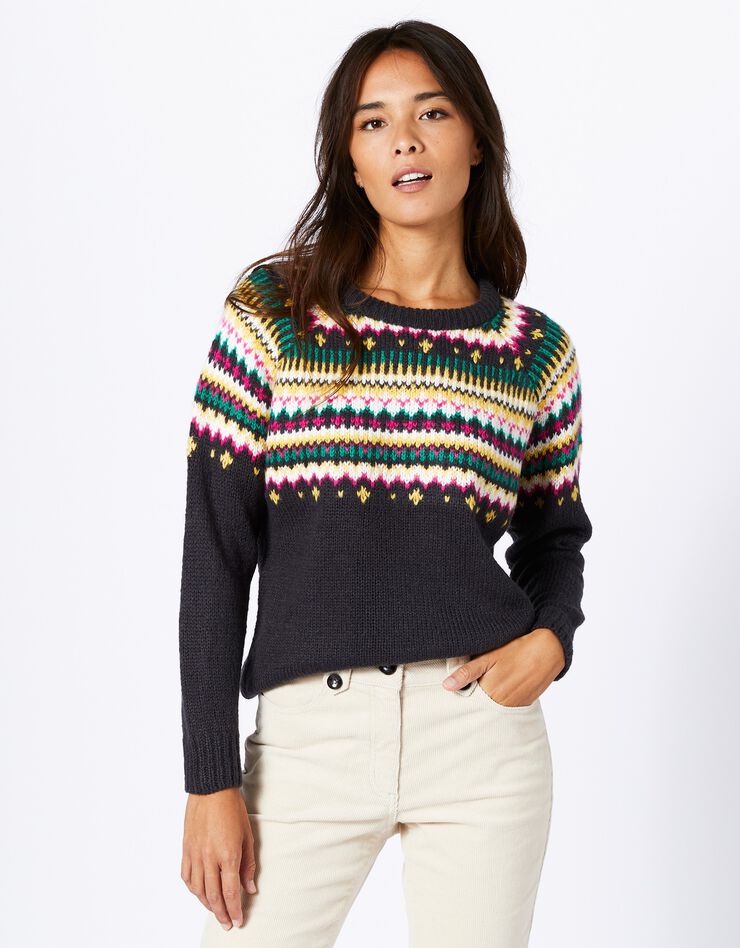 Pull col rond motif jacquard, toucher mohair (anthracite / miel) Pull col rond motif jacquard, toucher mohair (anthracite / miel)