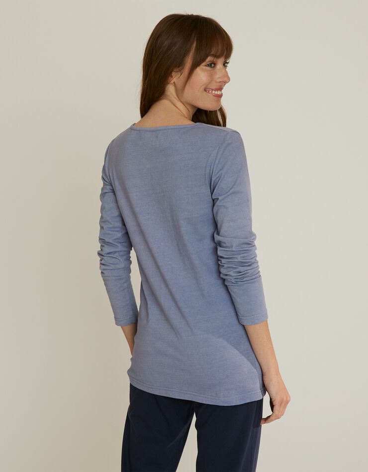 Tee-shirt manches longues coton uni imprimé placé "Beautiful" (bleu) Tee-shirt manches longues coton uni imprimé placé "Beautiful" (bleu)