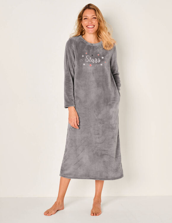 Chemise de nuit longue broderies étoiles, maille polaire (gris)