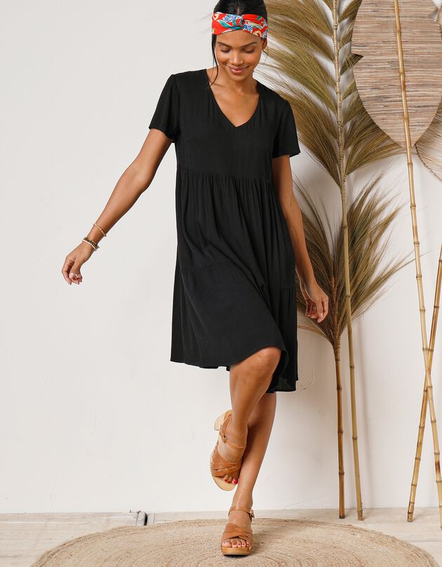 Robe col V courte unie, crépon (noir)