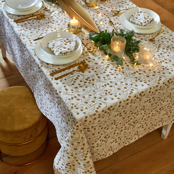 Nappe imprimée petites feuilles coloris doré (blanc / doré)