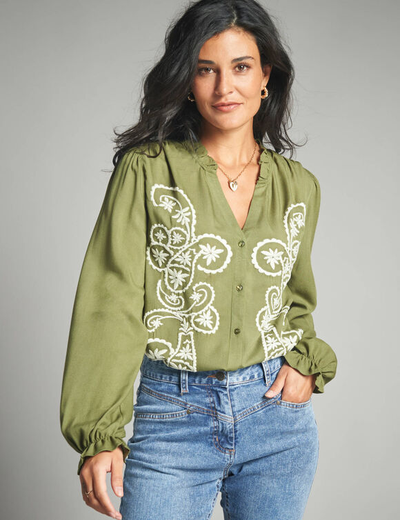 Chemisier brodé, viscose (vert mousse / écru)