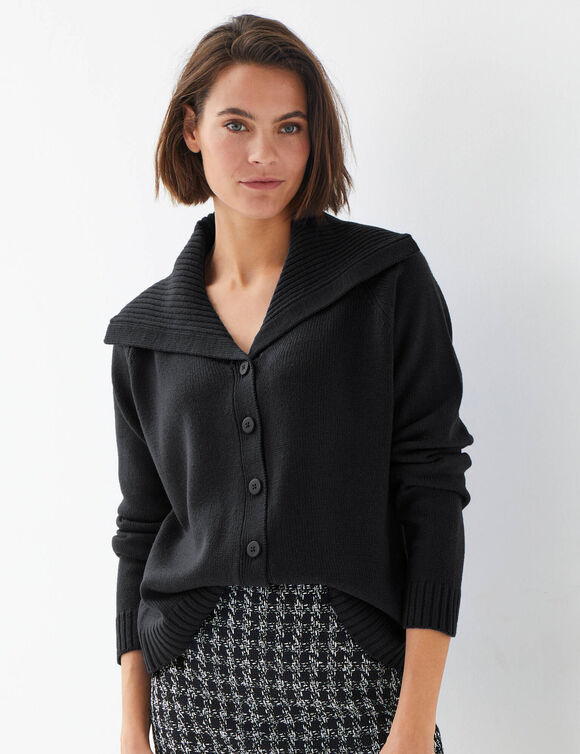 Gilet boutonn&eacute; col vareuse, en maille (noir)