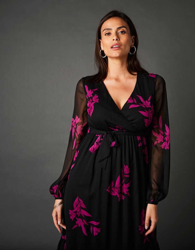 Robe longue voile imprimé fleurs (noir / violine)