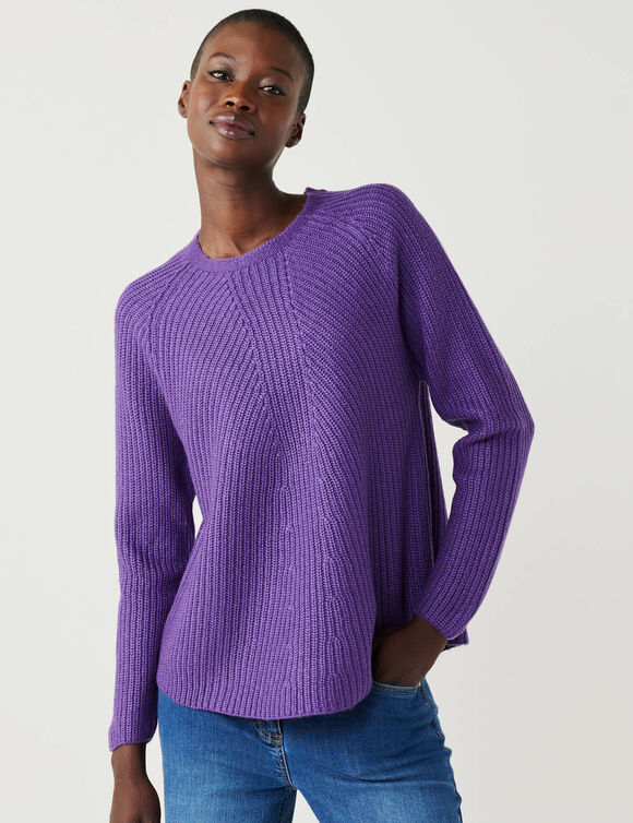 Pull &eacute;vas&eacute; col rond &agrave; c&ocirc;tes en biais, maille anglaise (violet)