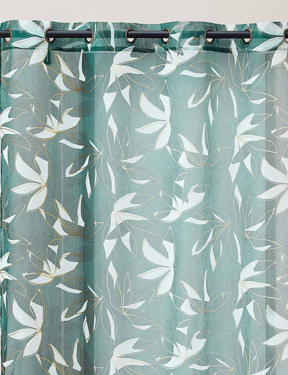 Voilage motif feuillage, imprim&eacute; m&eacute;tallis&eacute;, finition oeillets (&eacute;meraude / dor&eacute;)