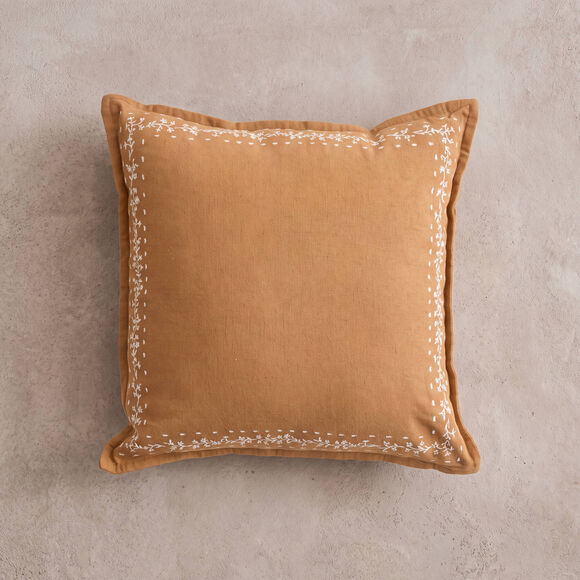 Coussin encadrement brod&eacute; Folk (caramel / naturel)