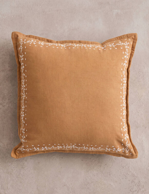 Coussin encadrement brod&eacute; Folk (caramel / naturel)