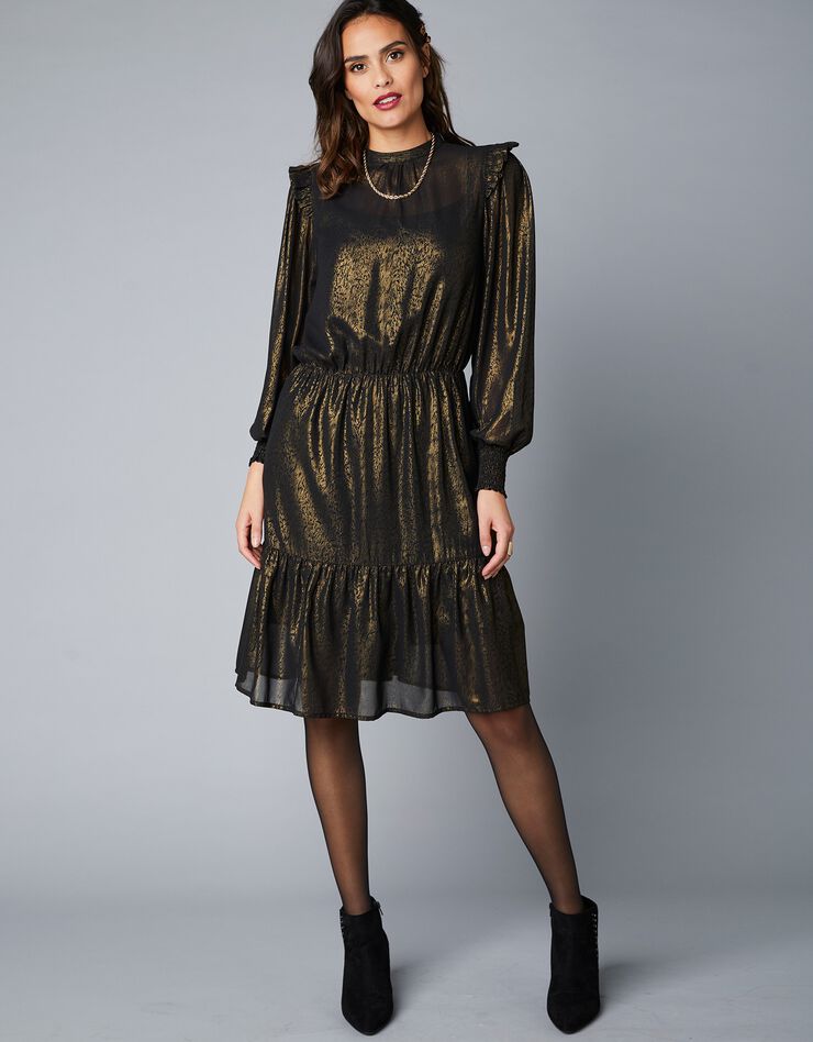 Robe évasée imprimé animalier doré - manches longues (noir / doré) Robe évasée imprimé animalier doré - manches longues (noir / doré)