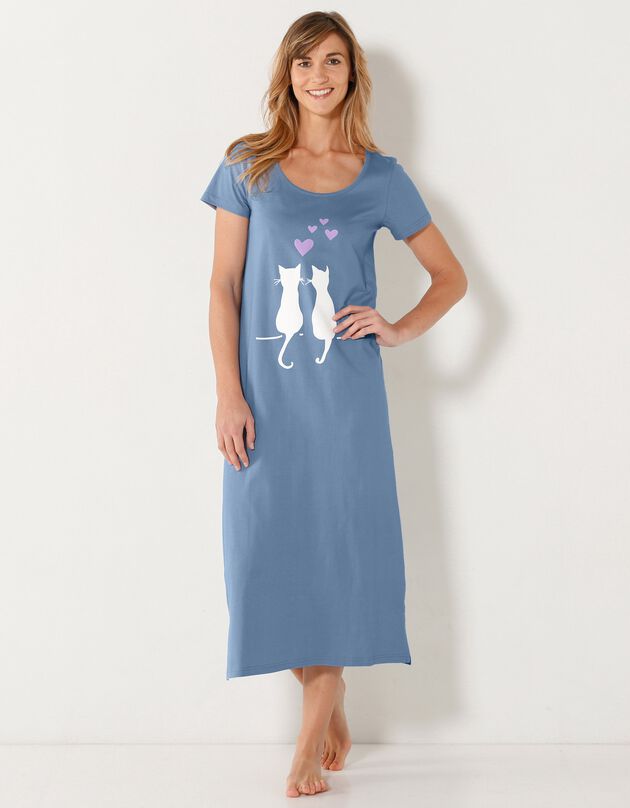 Chemise de nuit longue imprimé couple chats (bleu) Chemise de nuit longue imprimé couple chats (bleu)