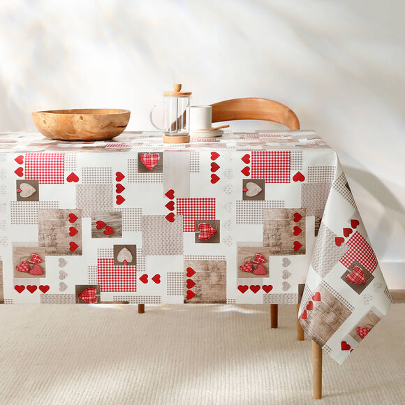 Nappe toile cir&eacute;e motifs coeurs Berneix  (rouge)