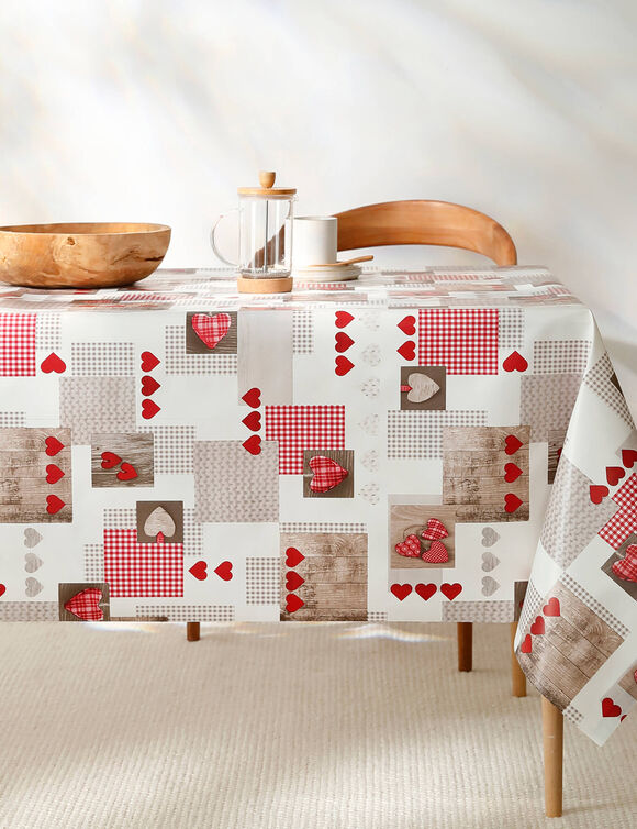 Nappe toile cir&eacute;e motifs coeurs Berneix  (rouge)