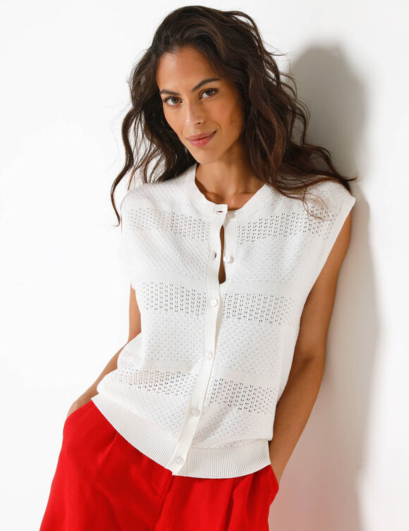 Gilet boutonn&eacute; sans manches, maille ajour&eacute;e (blanc cass&eacute;)