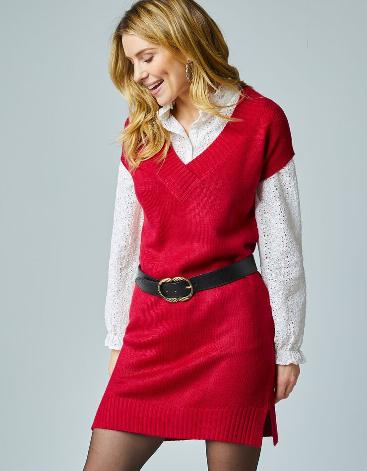Robe-pull col V à manches courtes (rouge foncé) Robe-pull col V à manches courtes (rouge foncé)