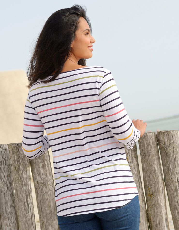Tee-shirt marinière rayé manches 3/4 (blanc / multicolore) Tee-shirt marinière rayé manches 3/4 (blanc / multicolore)