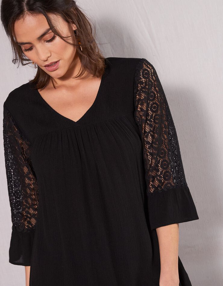 Blouse unie col V manches 3/4 macramé (noir) Blouse unie col V manches 3/4 macramé (noir)