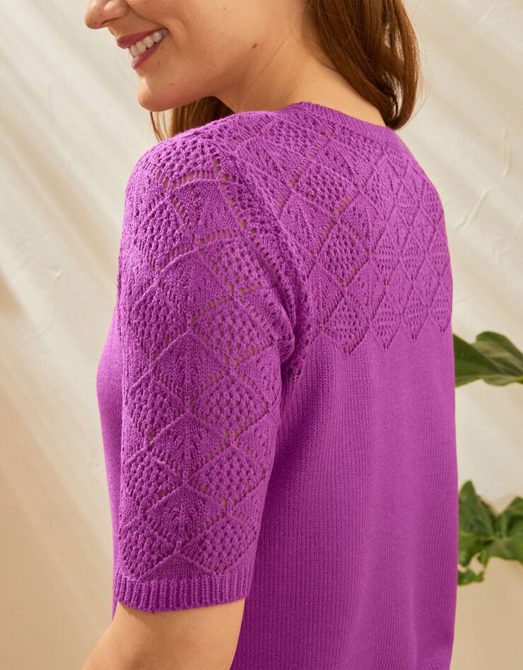 Pull manches courtes, maille ajourée toucher cachemire (violine) Pull manches courtes, maille ajourée toucher cachemire (violine)
