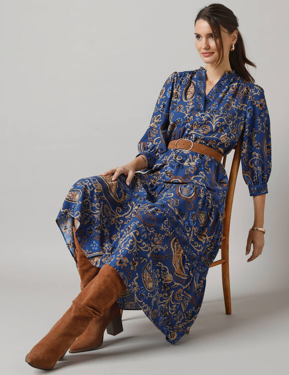 Robe longue taille &eacute;lastiqu&eacute;e, cr&ecirc;pe imprim&eacute; (bleu)