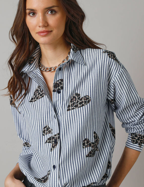 Chemise longue oversize en coton, rayures et imprimé (bleu / blanc)