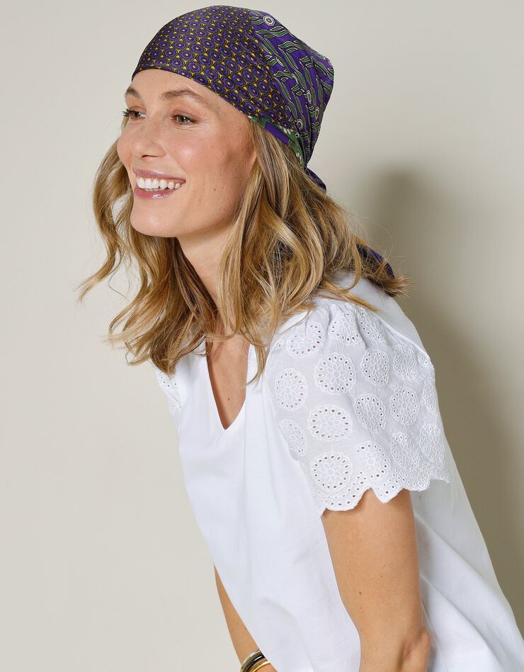 Tee-shirt col V, manches courtes broderie anglaise (blanc)