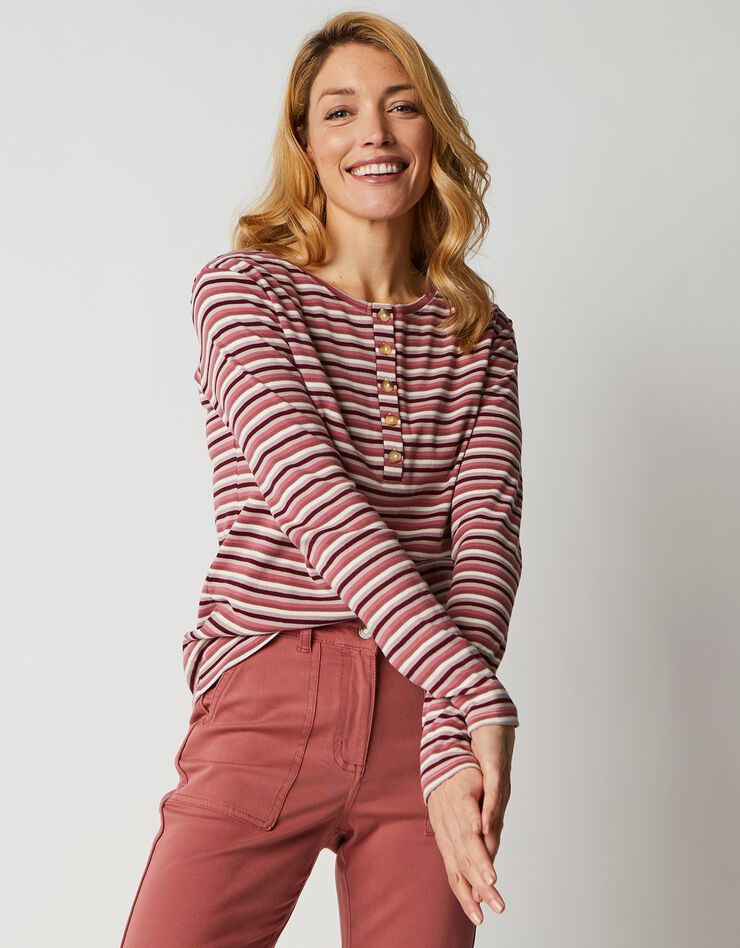 Tee-shirt col tunisien rayé (rose / violine) Tee-shirt col tunisien rayé (rose / violine)