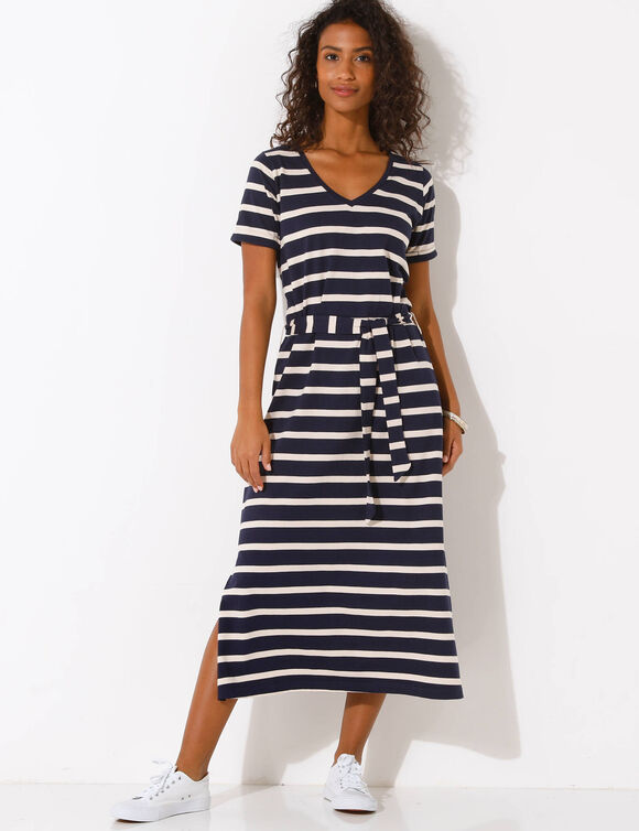 Robe mi-longue ceinturée col V, maille rayée (marine / écru)