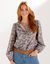 Chemisier col rond imprim&eacute; fleuri, manches longues blousantes TEST (bleu / violine)