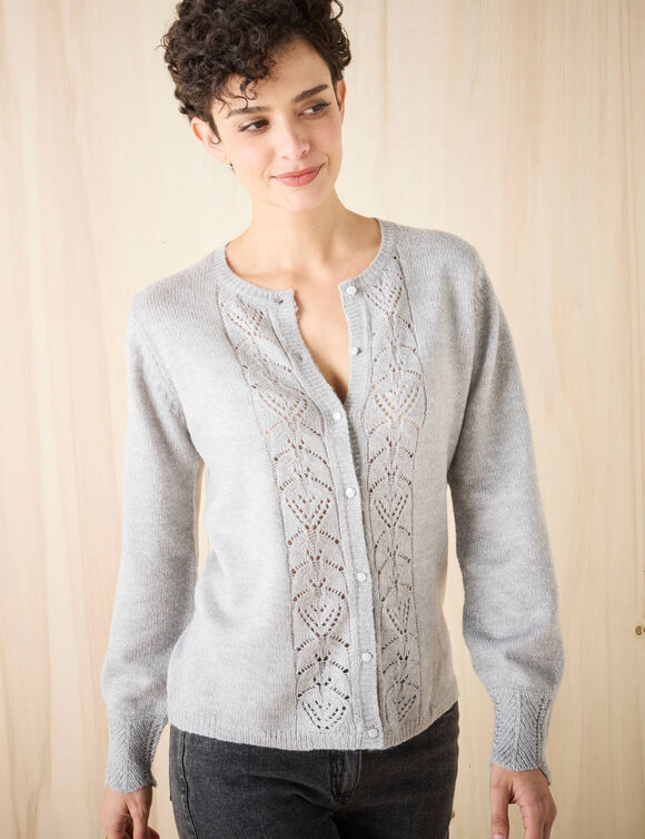 Gilet boutonné, maille ajourée (gris chiné)