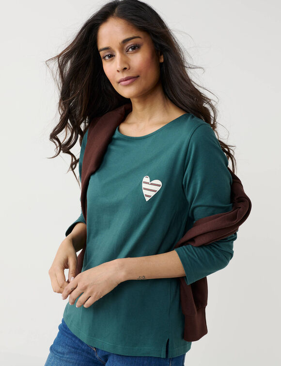T-shirt marini&egrave;re manches longues, brod&eacute; "c&oelig;ur" uni ou imprim&eacute; l&eacute;opard (vert sapin)