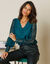 Blouse macramé col V manches longues, crêpe fluide (bleu pétrole)