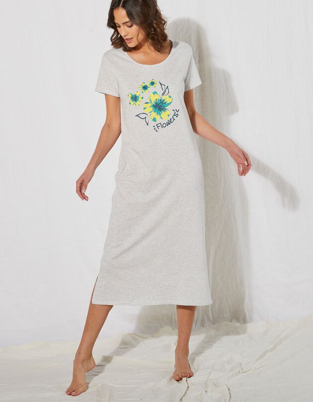 Chemise de nuit version longue – imprimé fleurs de Tiaré (gris chiné) Chemise de nuit version longue – imprimé fleurs de Tiaré (gris chiné)
