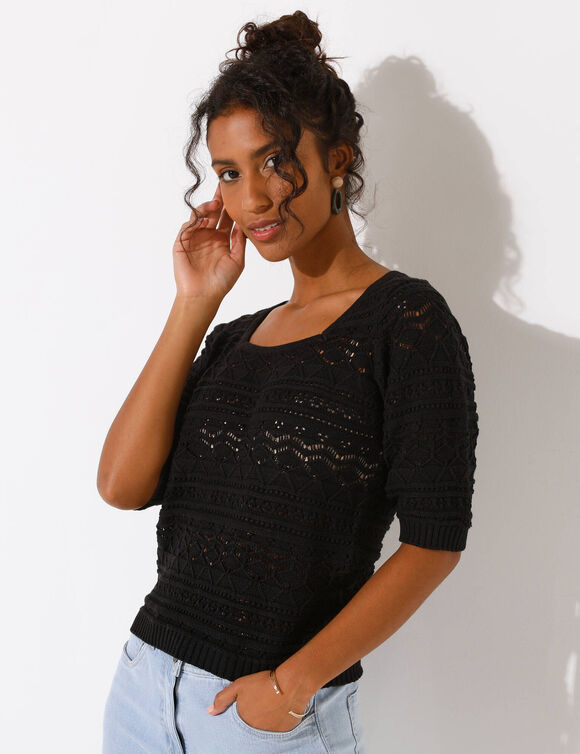 Pull col carré uni, maille ajourée (noir)